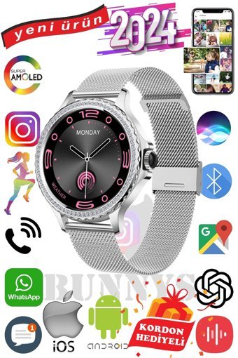 Bunnys HK27 Android 45 mm Metal Kordon Yuvarlak Kadın Akıllı Saat Gümüş