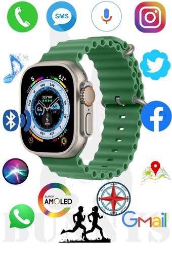 Rabbit Store Watch 8 Ultra Android GPS 49 mm Silikon Kordon Oval Unisex Akıllı Saat Yeşil