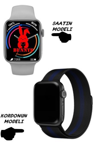 Bunnys Watch 8 Android GPS 45 mm Silikon Kordon Kare Unisex Akıllı Saat Beyaz - Siyah