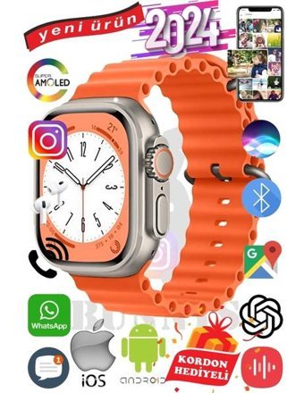 Bunnys Ultra Max 2024 Android GPS 49 mm Silikon Kordon Oval Unisex Akıllı Saat Turuncu + Kordon Hediye