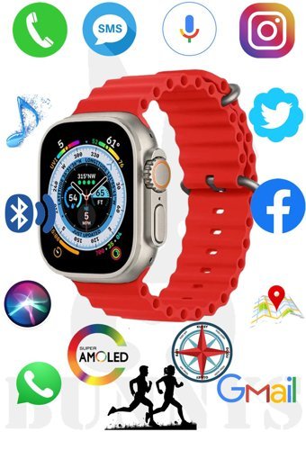 Rabbit Store Watch 8 Ultra Android GPS 49 mm Silikon Kordon Oval Unisex Akıllı Saat Kırmızı