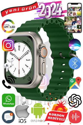 Bunnys Ultra Max 2024 Android GPS 49 mm Silikon Kordon Oval Unisex Akıllı Saat Koyu Yeşil + Kordon Hediye