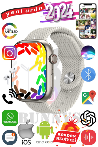 Rabbit Store Watch 9 Max+ 2024 Android GPS 45 mm Silikon Örgü Kordon Oval Unisex Akıllı Saat Beyaz + Kordon Hediye