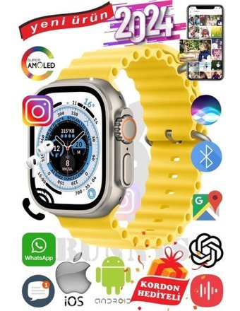 Bunnys Ultra Max 2024 Android GPS 49 mm Silikon Kordon Oval Unisex Akıllı Saat Sarı + Kordon Hediye