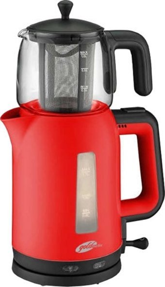 Goldmaster GM 7321 Papatya Otomatik Çelik Demlikli 2200 W Işıklı Çelik Gövdeli Kırmızı Retro Çay Makinesi