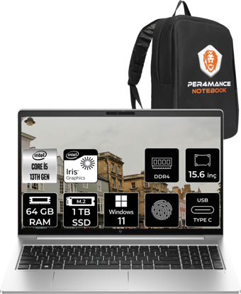 HP Elitebook 650 G10 725N9EA Harici Intel Iris Xe Graphics Eligible Intel Core i5 1335U 64 GB Ram 1 TB SSD 15.6 inç Full HD Windows 11 Pro Laptop + PER4 Çanta
