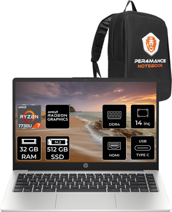 HP 245 G10 8A552EA Harici AMD Radeon Graphics AMD Ryzen 7 7730U 32 GB Ram 512 GB SSD 14 inç HD FreeDos Laptop + PER4 Çanta