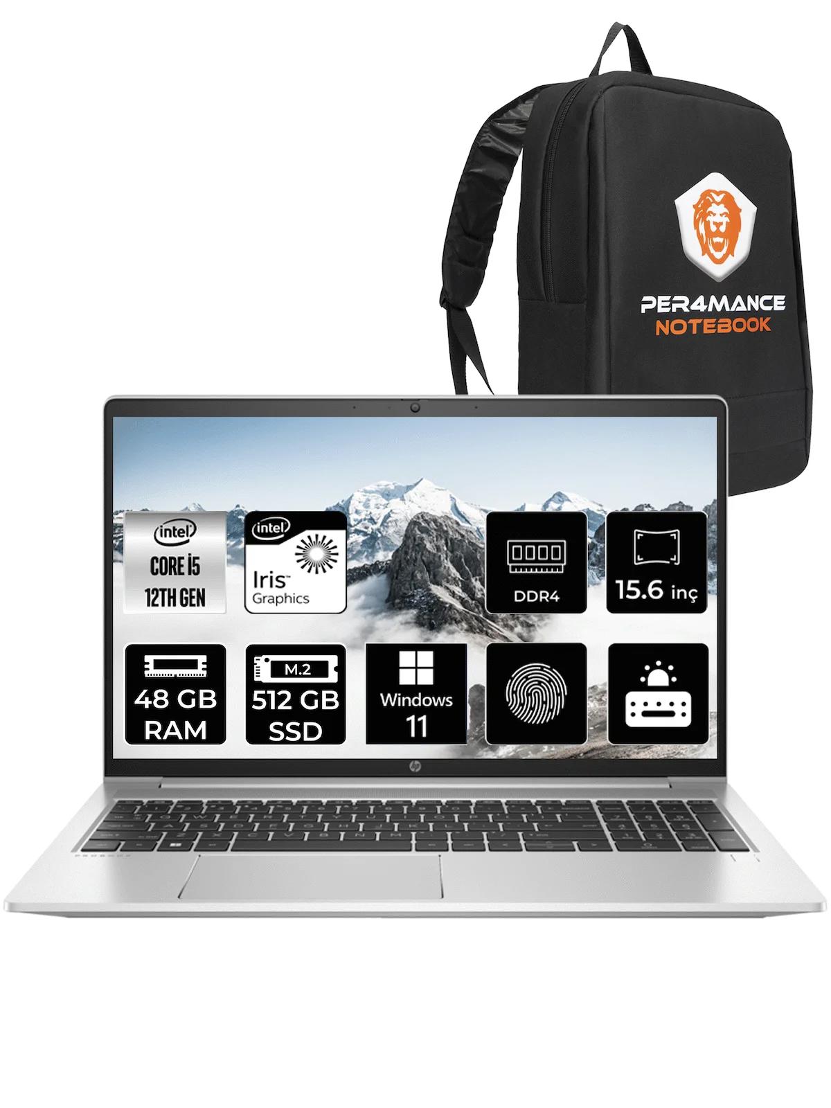 HP Probook 450 G9 6S6Z1EA Harici Intel Iris Xe Graphics Eligible Intel Core i5 1235U 48 GB Ram 512 GB SSD 15.6 inç Full HD Windows 11 Pro Laptop + PER4 Çanta