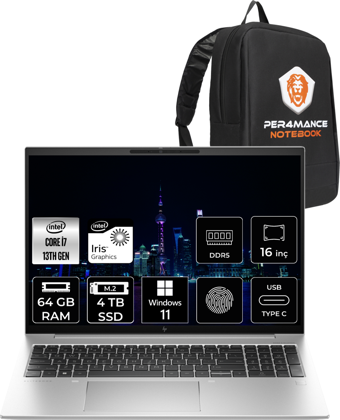 HP Elitebook 860 G10 818R5EA Harici Intel Iris Xe Graphics Eligible Intel Core i7 1355U 64 GB Ram 4 TB SSD 16 inç WUXGA Windows 11 Home Laptop + Per4 Çanta