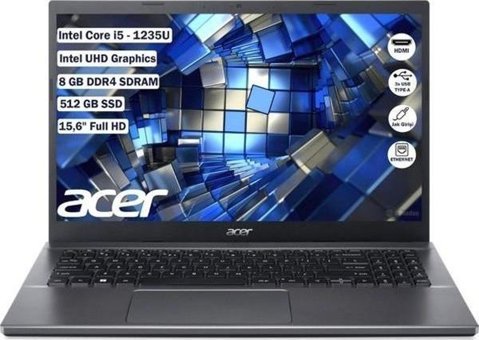 Acer Extensa 15 NX.EGYEY.005 Harici Intel Iris Xe Graphics Eligible Intel Core i5 1235U 8 GB Ram 512 GB SSD 15.6 inç Full HD FreeDos Laptop