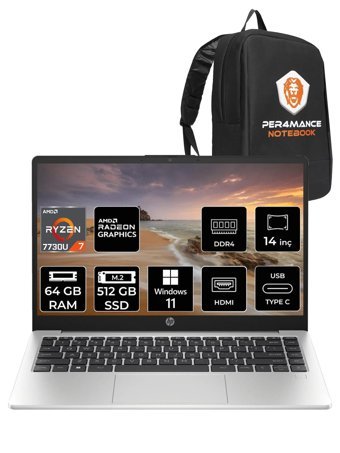 HP 245 G10 8A552EA Harici AMD Radeon Graphics AMD Ryzen 7 7730U 64 GB Ram 512 GB SSD 14 inç HD Windows 11 Pro Laptop + PER4 Çanta