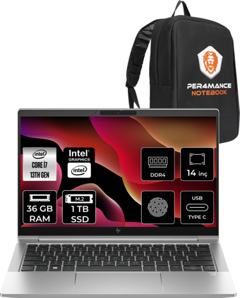 HP Elitebook 640 G10 8A571EA Harici Intel Iris Xe Graphics Eligible Intel Core i7 1355U 36 GB Ram 1 TB SSD 14 inç Full HD FreeDos Laptop + Per4 Çanta