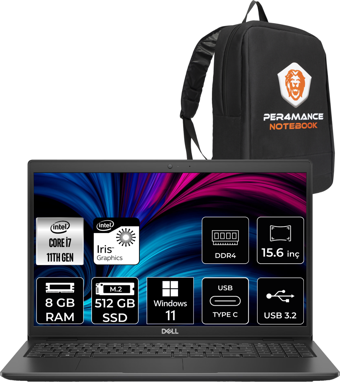 Dell Latitude 3520 N052L352015 Harici Intel Iris Xe Graphics Intel Core i7 1165G7 8 GB Ram 512 GB SSD 15.6 inç Full HD Windows 11 Pro Laptop + PER4 Çanta
