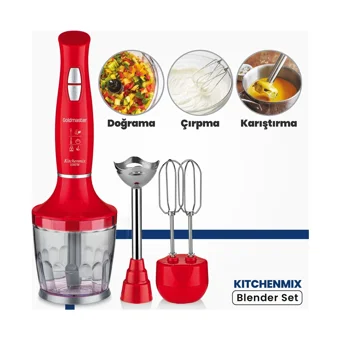Goldmaster Kitchenmix 3 ın 1 800 ml Plastik Hazneli Turbolu 3'lü Blender Seti Kırmızı