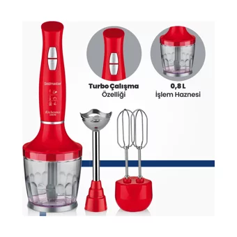 Goldmaster Kitchenmix 3 ın 1 800 ml Plastik Hazneli Turbolu 3'lü Blender Seti Kırmızı