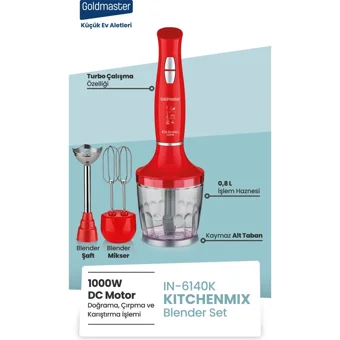Goldmaster Kitchenmix 3 ın 1 800 ml Plastik Hazneli Turbolu 3'lü Blender Seti Kırmızı