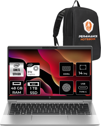 HP Elitebook 640 G10 8A570EA Harici Intel Iris Xe Graphics Eligible Intel Core i5 1335U 48 GB Ram 1 TB SSD 14 inç Full HD FreeDos Laptop + Per4 Çanta