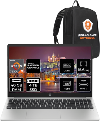 HP 255 G10 8A547EA Harici AMD Radeon RX Vega 7 AMD Ryzen 5 7530U 40 GB Ram 4 TB SSD 15.6 inç Full HD FreeDos Laptop + PER4 Çanta