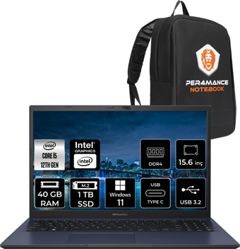 Asus Expertbook B1502CBA BQ0254 Harici Intel Iris Xe Graphics Eligible Intel Core i5 1235U 40 GB Ram 1 TB SSD 15.6 inç Full HD Windows 11 Home Laptop + PER4 Çanta
