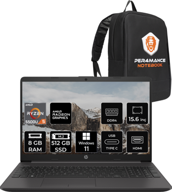 HP 255 G8 7N4W6AA Harici AMD Radeon Graphics AMD Ryzen 5 5500 8 GB Ram 512 GB SSD 15.6 inç Full HD Windows 11 Pro Laptop