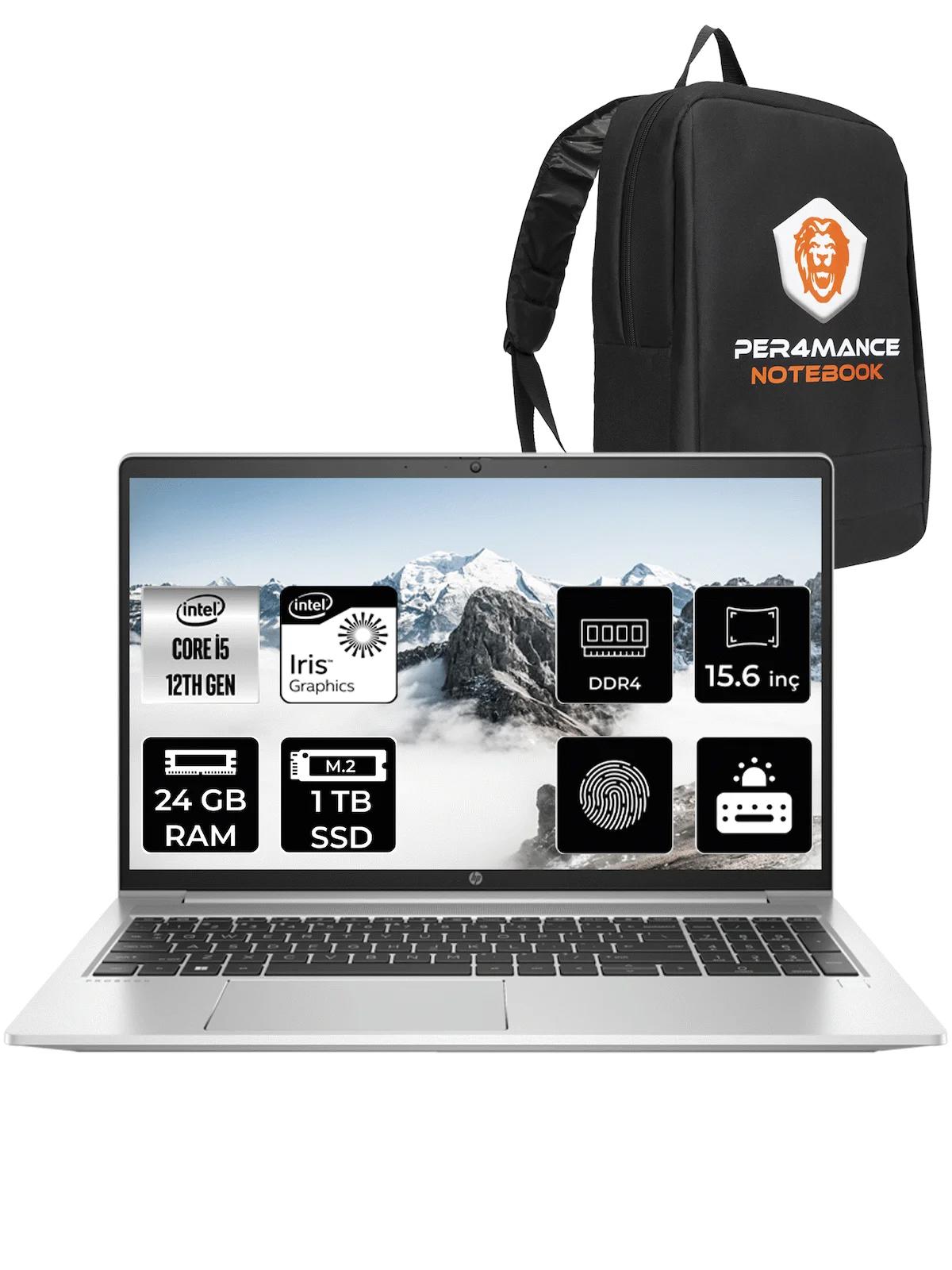 HP Probook 450 G9 6S6Z1EA Harici Intel Iris Xe Graphics Eligible Intel Core i5 1235U 24 GB Ram 1 TB SSD 15.6 inç Full HD FreeDos Laptop + PER4 Çanta