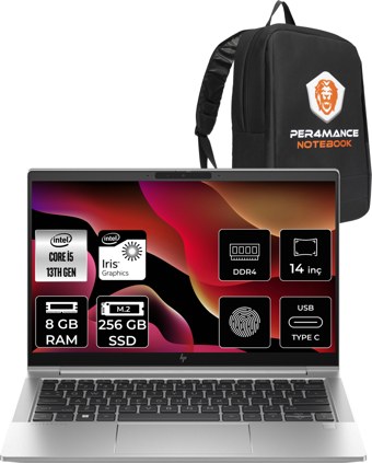 HP Elitebook 640 G10 8A570EA Harici Intel Iris Xe Graphics Eligible Intel Core i5 1335U 8 GB Ram 256 GB SSD 14 inç Full HD FreeDos Laptop + Per4 Çanta