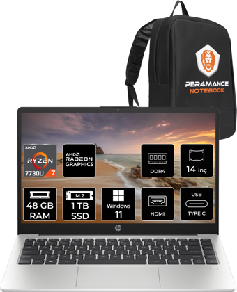 HP 245 G10 8A552EA Harici AMD Radeon Graphics AMD Ryzen 7 7730U 48 GB Ram 1 TB SSD 14 inç HD Windows 11 Pro Laptop + PER4 Çanta