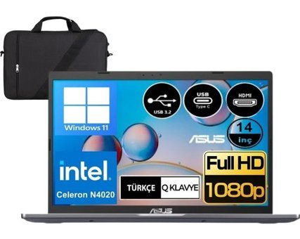 Asus Vivobook 14 X415MA-EK385W3 Harici Intel UHD Graphics Intel Celeron N4020 4 GB Ram 256 GB SSD 14 inç Full HD Windows 11 Home Laptop + Çanta