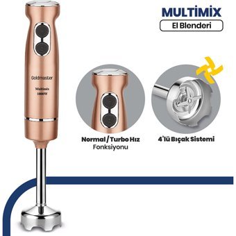 Goldmaster Multimix Turbolu 4 Bıçaklı Tekli El Blender Gold