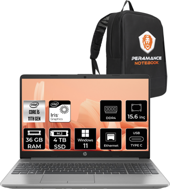 HP 250 G8 853U8ES Harici Intel Iris Xe Graphics Intel Core i5 1135G7 36 GB Ram 4 TB SSD 15.6 inç Full HD Windows 11 Pro Laptop + PER4 Çanta