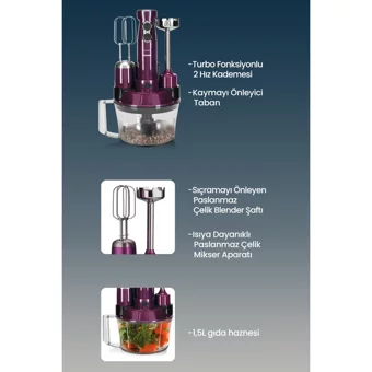 Goldmaster 1500 ml Plastik Hazneli Turbolu 4 Bıçaklı Blender Seti Mürdüm