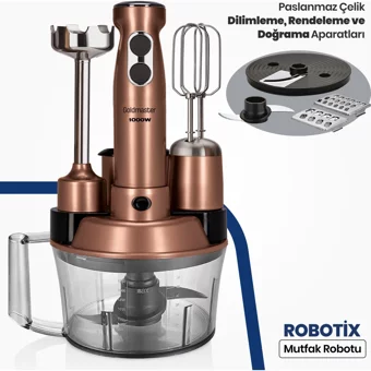 Goldmaster Robotix 5 ın 1 1500 ml Plastik Hazneli Turbolu 4 Bıçaklı 5'li Blender Seti Gold
