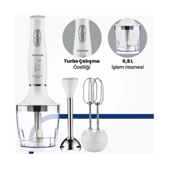 Goldmaster Kitchenmix 800 ml Plastik Hazneli Turbolu 4 Bıçaklı 3'lü Blender Seti Beyaz