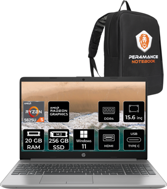 HP 255 G9 723Q2EA Harici AMD Radeon RX Vega 7 AMD Ryzen 5 5625U 20 GB Ram 256 GB SSD 15.6 inç Full HD Windows 11 Home Laptop + Per4 Çanta