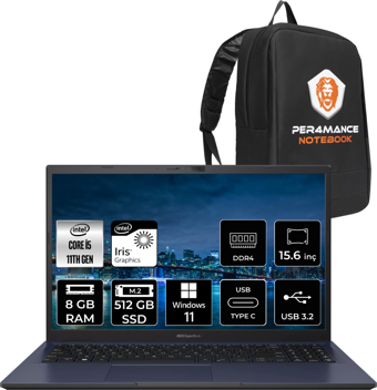 Asus B1500CEAE BQ4167 Harici Intel Iris Xe Graphics Intel Core i5 1135G7 8 GB Ram 512 GB SSD 15.6 inç Full HD Windows 11 Home Laptop + PER4 Çanta