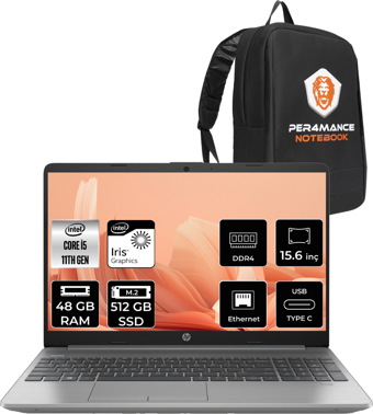 HP 250 G8 853U8ES Harici Intel Iris Xe Graphics Intel Core i5 1135G7 48 GB Ram 512 GB SSD 15.6 inç Full HD FreeDos Laptop + PER4 Çanta