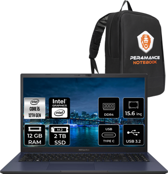 Asus Expertbook B1502CBA BQ0254 Harici Intel Iris Xe Graphics Eligible Intel Core i5 1235U 12 GB Ram 2 + 2 TB SSD 15.6 inç Full HD FreeDos Laptop + PER4 Çanta