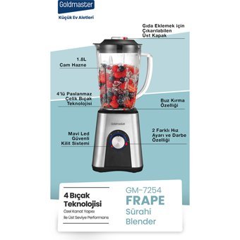 Goldmaster Frape 1800 ml Cam Hazneli Buz Kırıcılı Turbolu 4 Bıçaklı Tekli Sürahili Blender Inox