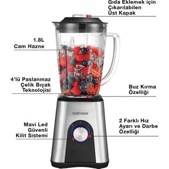 Goldmaster Frape 1800 ml Cam Hazneli Buz Kırıcılı Turbolu 4 Bıçaklı Tekli Sürahili Blender Inox