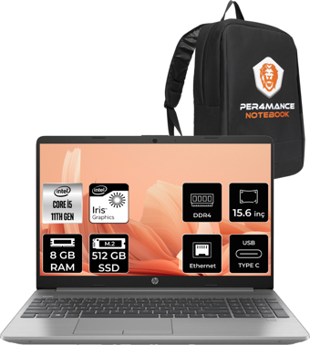 HP 250 G8 853U8ES Harici Intel Iris Xe Graphics Intel Core i5 1135G7 8 GB Ram 512 GB SSD 15.6 inç Full HD FreeDos Laptop + PER4 Çanta