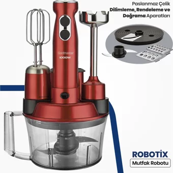 Goldmaster Robotix 5 ın 1 1500 ml Plastik Hazneli Turbolu 4 Bıçaklı 5'li Blender Seti Vişne Kırmızı