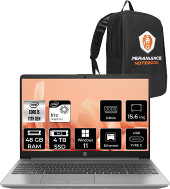 HP 250 G8 853U8ES Harici Intel Iris Xe Graphics Intel Core i5 1135G7 48 GB Ram 4 TB SSD 15.6 inç Full HD Windows 11 Home Laptop + PER4 Çanta