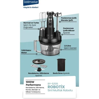 Goldmaster Robotix 5 ın 1 1500 ml Plastik Hazneli Turbolu 4 Bıçaklı 5'li Blender Seti Siyah