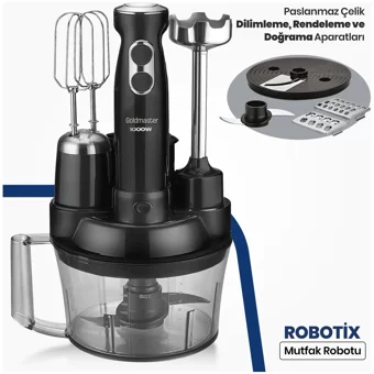 Goldmaster Robotix 5 ın 1 1500 ml Plastik Hazneli Turbolu 4 Bıçaklı 5'li Blender Seti Siyah