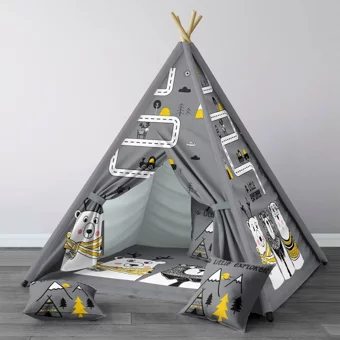 Tugu Home Baby 56 Üçgen Kızılderili Erkek Ayıcıklı Oyun Çadırı Gri