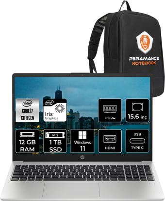 HP 250 G10 8A545EA Harici Intel Iris Xe Graphics Eligible Intel Core i7 1360P 12 GB Ram 1 TB SSD 15.6 inç Full HD Windows 11 Pro Laptop + PER4 Çanta