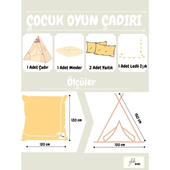 Yhh Kids 1423 3-9 Yaş Işıklı Üçgen Kızılderili Kız Oyun Çadırı Bej