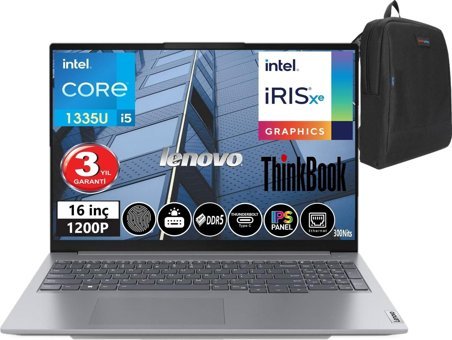 Lenovo Thinkbook 16 Gen 6 IRL TB21KH001ETR16 Harici Intel Iris Xe Graphics Eligible Intel Core i5 1335U 64 GB DDR5 Ram 512 GB SSD 16 inç WUXGA Windows 11 Home Laptop + Zetta Çanta