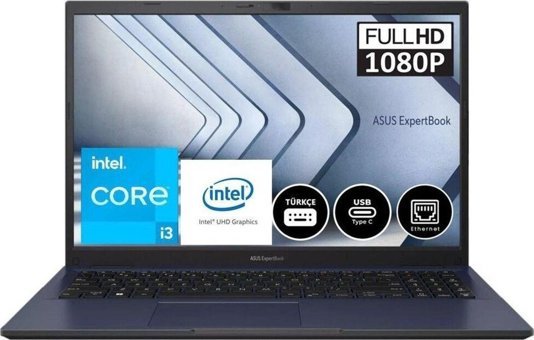 Asus Expertbook B1502CBA-I38512B0D010 Harici Intel UHD Graphics Intel Core i3 1215U 12 GB Ram 256 GB SSD 15.6 inç Full HD FreeDos Laptop