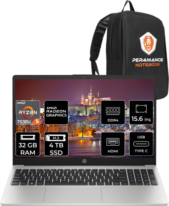 HP 255 G10 8A547EA Harici AMD Radeon RX Vega 7 AMD Ryzen 5 7530U 32 GB Ram 4 TB SSD 15.6 inç Full HD FreeDos Laptop + PER4 Çanta